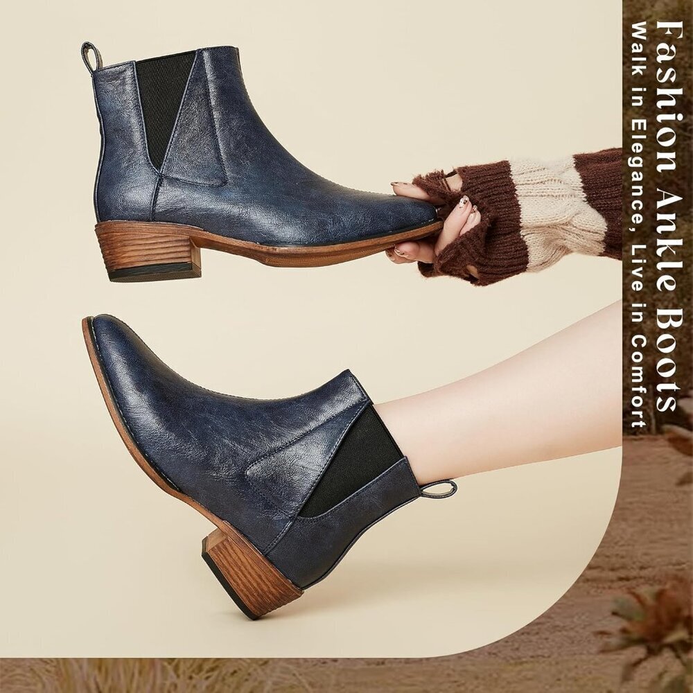 Women's Blue Ankle Boots Mid-height Heels Chelsea Zipper Dressy Booties - Picture 5 of 6